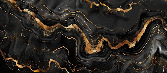 A detailed shot of a luxurious black and gold marble texture resembling a natural landscape with...