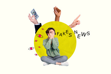 Sketch picture collage of young woman afraid sitting floor cover face when mass media pay her for...
