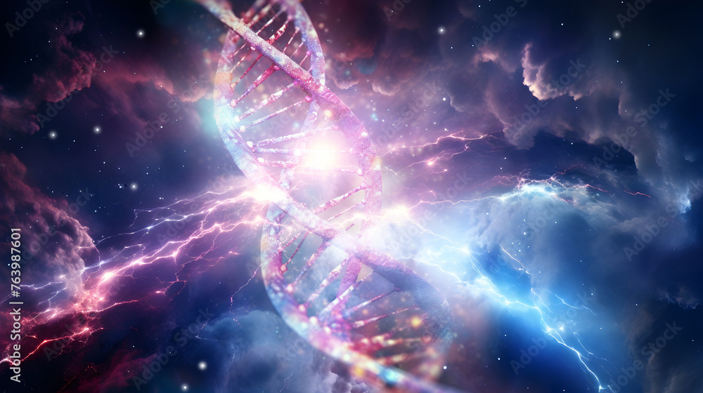 Poster vast deep space celestial background in pink and blue colors with a huge spiralling coil of dna merg