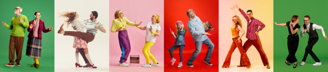 Collage made of men and women of different age, young and seniors dancing different kind of dance against multicolored background. Concept of human emotions, diversity, youth, happiness - 763987627