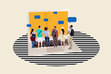 Composite photo collage of crowd people students go laptop screen keyboard text box communication...