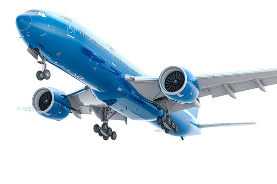 A 3D animated cartoon render of a blue cargo plane flying in the sky.