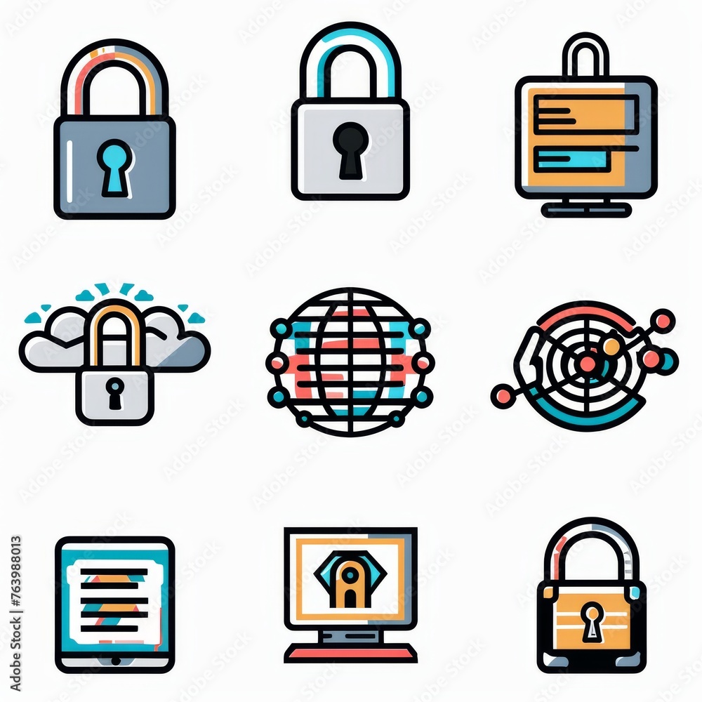 Poster A series of bold line icons featuring various security and privacy symbols, ideal for both mobile and desktop applications