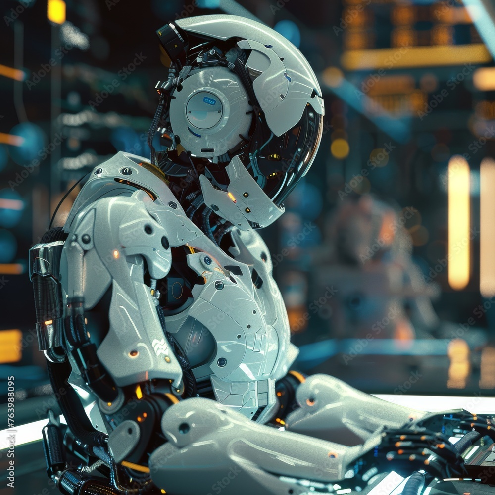 Poster a seated robot in repose, portrayed with high-tech precision and futuristic design elements, suggest