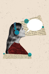 Vertical photo collage of happy girl wear headphones music enjoy relax pose text pox speak smile...