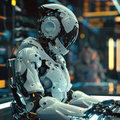 Fototapeta premium A seated robot in repose, portrayed with high-tech precision and futuristic design elements, suggesting contemplation and advanced AI.