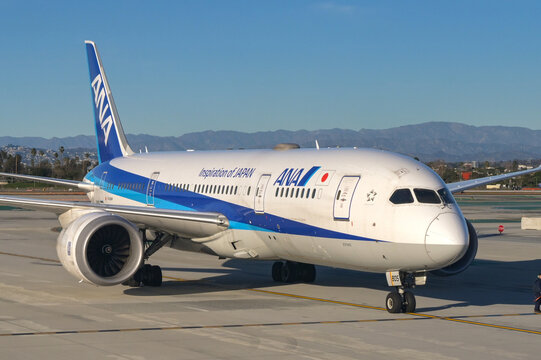 Los Angeles, California, USA - 12 January 2023: Boeing 787 Dreamliner operated by ANA - All Nippon Airways - taxiing for take off at Los Angeles airport.