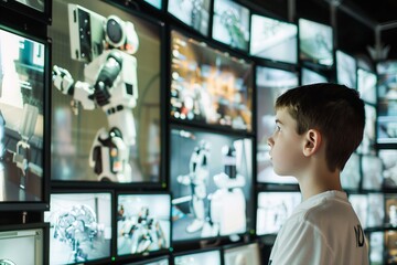 boy gazing at a wall of monitors displaying robotic simulations