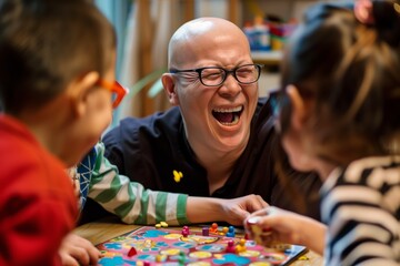 bald monk in eyeglasses laughing while playing a board game with children