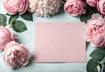 Wedding, birthday stationery mock-up scene. Blank paper greeting card, invitation. Decorative floral composition. Closeup of pink roses petals, peonies, hydrangea flowers and eucalyptus 