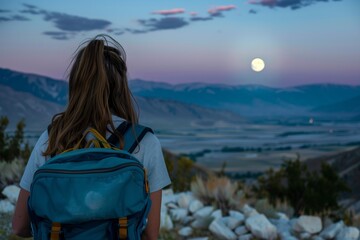 Fototapeta premium woman with backpack looking at moon over valley