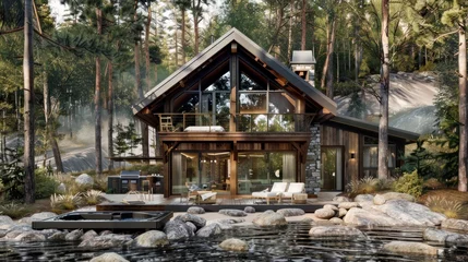 Deurstickers Create a 3D design for a mountain retreat cabin that blends into its natural surroundings with a wooden facade, large stone fireplace, and expansive windows  © Alex
