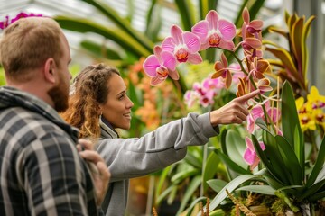 couple admiring orchids, pointing at blooms