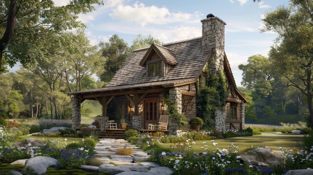 Create a 3D model of a traditional country cottage that embodies rustic charm, with a stone facade, wooden beams, and a thatched roof. The design 