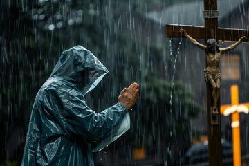 person in raincoat praying by cross during a downpour - obrazy, fototapety, plakaty