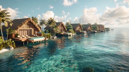 Create a luxurious island resort with overwater bungalows, coral reefs for snorkeling, and eco-friendly transport options  - obrazy, fototapety, plakaty