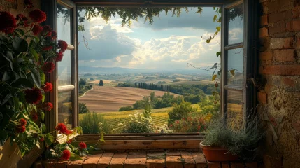 Crédence de cuisine en verre imprimé Toscane Old Window in Tuscany Landscape