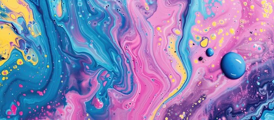 A closeup of a vibrant painting featuring a purple, violet, and magenta color palette with an electric blue bubble at the center, showcasing a mesmerizing pattern of liquid art paint