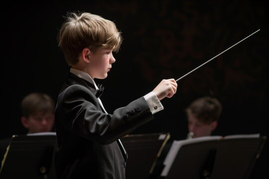 young conductor with baton at debut performance