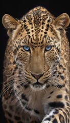 Head-on view of a leopard with deep blue eyes, presenting the animal's focused expression and richly patterned fur. AI generation