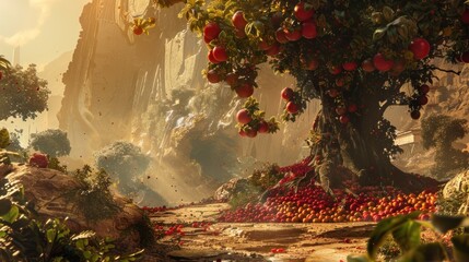 Create a scene of a lush fruit oasis thriving amidst a desolate, post-apocalyptic landscape,...