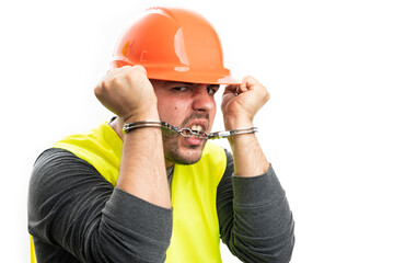 Corrupted constructor man trying to escape biting handcuffs