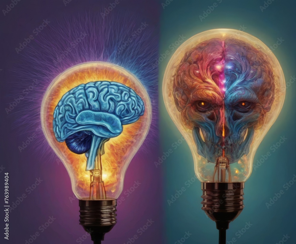 Poster a fusion of art and intellect, this image portrays two lightbulbs containing brains, symbolizing bri