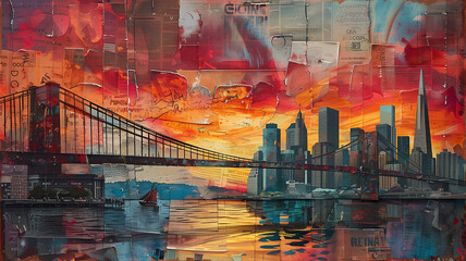 A layered collage of the San Francisco cityscape with the Golden Gate Bridge in the foreground, made from newspaper clippings and bold acrylic strokes