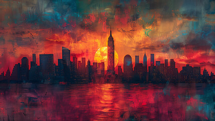 A textured mixed-media portrayal of a bustling New York skyline under a sunset, with prominent landmarks peeping through abstract shapes and vibrant colors.
