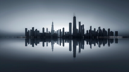 Abstract minimalist futurism style monochromatic urban horizon, skyline sharply outlined with a flawless reflection that doubles the city's majesty, set against a backdrop of dusk