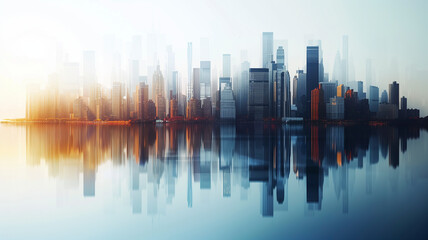 Abstract minimalist futurism style graphic representation of a metropolitan skyline with clear distinctions between the skyscrapers and their reflections on a glass-like lake