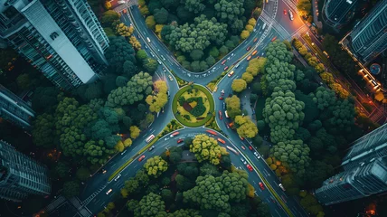 Fototapeten Aerial snapshot of an urban interchange, roads braiding like ribbons with vehicles dotting the lanes, encircled by manicured lawns © Allan