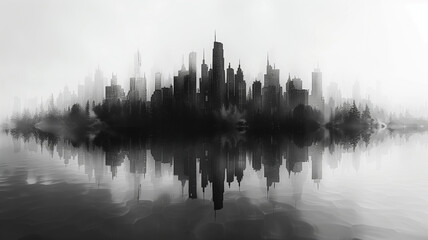 stylized monochrome cityscape silhouette against a soft gradient sky, mirrored perfectly on the surface of a serene river