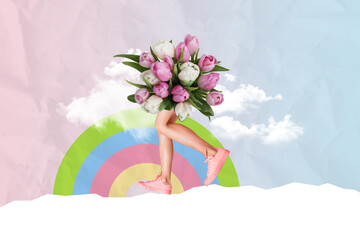 Creative drawing collage picture of female walking legs bouquet spring international woman day...