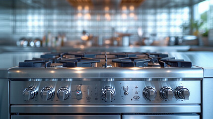 Gas hob or induction electric stove integrated in modern clean kitchen cooker countertop home cooking surface table background. Cookery and household equipment appliances concept. Close up.