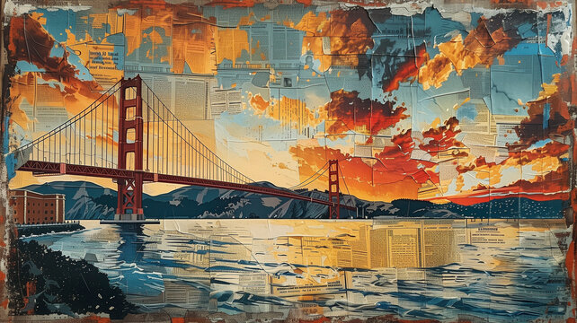 A layered collage of the San Francisco cityscape with the Golden Gate Bridge in the foreground, made from newspaper clippings and bold acrylic strokes