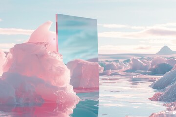 Minimalistic landscape. Pink mirrro n on an ice cap north pole icebergs, bright pastel color.  - obrazy, fototapety, plakaty