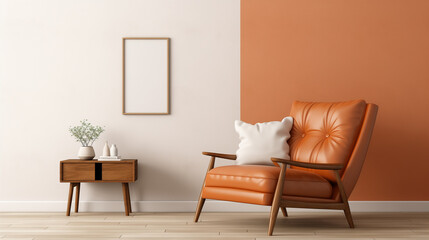 Mid-century modern living room interior with orange armchair, wooden table, and empty frame on the wall. 3d render