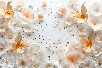 A closeup image of white flowers and gold butterflies on a white background, symbolizing spring and new beginnings with a delicate and elegant aesthetic