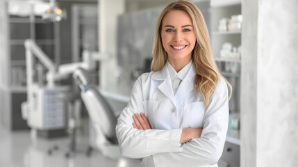 Cheerful female dentist in bright clinic with space for text, blurred background.