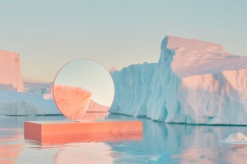 Minimalistic landscape medium forma shot of simple round mirrro. Ice berg. 