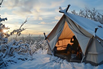 snowcovered tent with camper admiring morning view