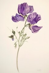 Elegant  colored pencil of sweet pea flower botanical painting on ivory background,  Artwork for wall art illustration and home decor, digital art