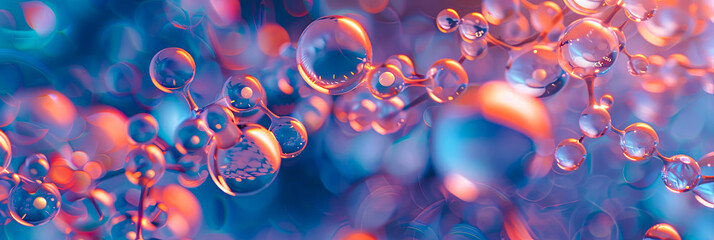 Eine 3D Makro Aufnahme, Nahaufnahme mikroskopischer Blasen und Moleküle, die die chemische Struktur kosmetischer Produkte darstellen. - obrazy, fototapety, plakaty