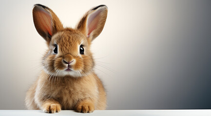 Fototapeta premium A small, brown bunny with soft fur and big, bright eyes sits on a minimal grey background