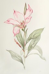 simple colored pencil of small single pink Victorian flower botanical painting on ivory background,  Artwork for wall art illustration and home decor, digital art
