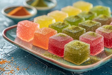 Colorful jelly candies sprinkled with matcha powder on a vibrant plate
