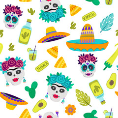 Viva Mexico seamless pattern. Cinco de Mayo. Skull, sombrero, tequila, cactus