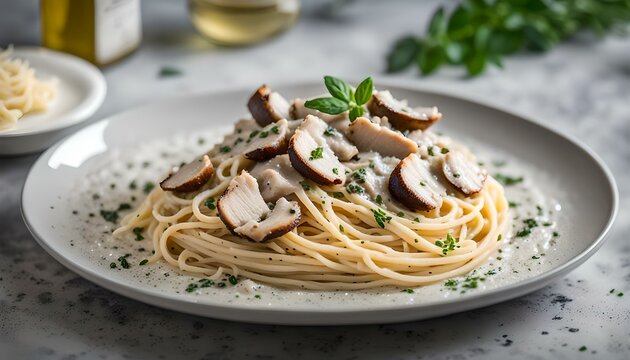 Spaghetti chicken alfredo served on a pasta plate on top of grey terrazzo table. A creamy mushroom chicken alfredo served with truffle and olive oil, parmesan cheese, and Italian herbs.
