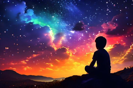 Enchanting Scene: Silhouette of a Boy Gazing at Rainbow-Colored Starry Sky in Awe and Wonder